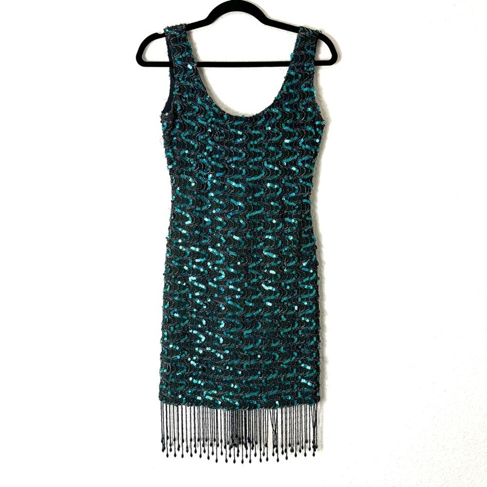 Vintage Climax Emerald Green Sequin Beaded Fringe Fitted Dress Size 9/10